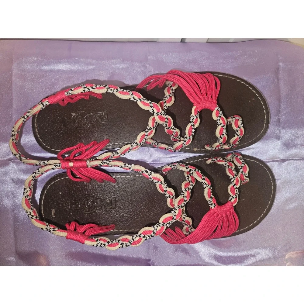 LOKI Pink Braided Rope Sandals Womens Strappy Boho Summer Beach Shoes